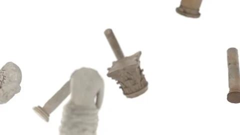 The camera from above watches as antique artifacts rotate against a white Stock Footage 148959025