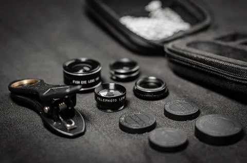 Camera accessories neatly arranged Stock Photos