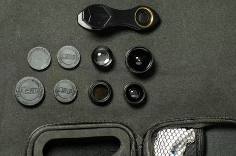 Camera accessories neatly arranged Stock Photos