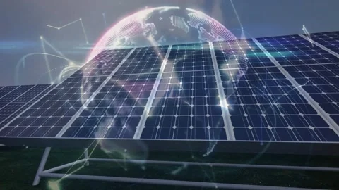 Camera advancing along row, solar array filling view, hologram globe and lines Stock-Footage 334036253