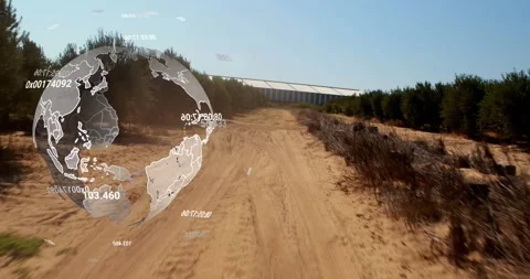 Camera advancing along sandy track causing translucent 3D globe appearing and Stock Footage 322119525