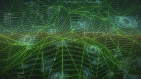 Camera advancing and tilting, green wireframe terrain lighting ridges while cyan Stock Footage 329575961