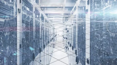 Camera advancing down aisle, data center racks holding 3D mesh, nodes aligning, Stock Footage 331872788