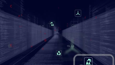 Camera advancing down corridor, causing cyan icons shifting, scaling, updating Stock Footage 332804500