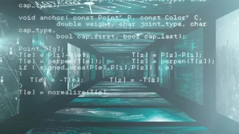 Camera advancing down teal data corridor, code blocks rising and scrolling, Stock Footage 329433807