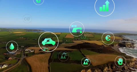 Camera advancing over farmland causing icons emerging, fading, showing Stock Footage 329923186