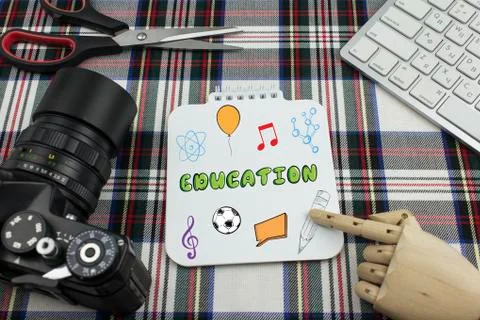 Camera and colorful education objects Stockfoto's