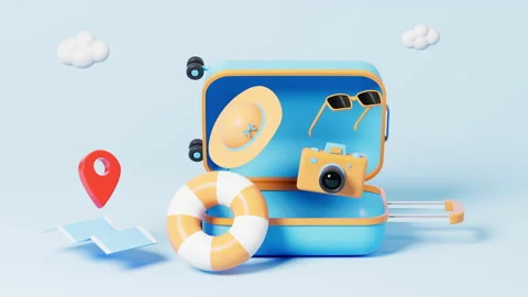 Camera and hat in the opening luggage, Swim ring and map tourism video, 3d .. Stock Footage 234724076
