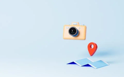 Camera and map pin in the blue background,Tourism theme, 3d rendering. Stock Illustration