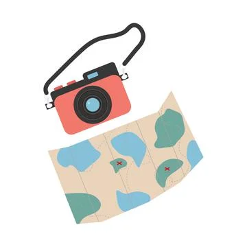 Camera and map on white background for use in tourism design Stock Illustration
