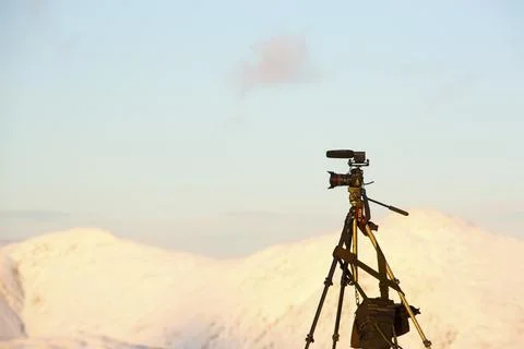 A camera and microphone taking video on the summit of Wansfell in the Lake Di Stock Photos