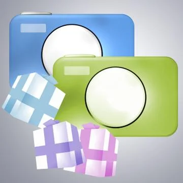 Camera and presents 3d illustration on light grey background Stock Illustration