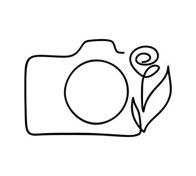Camera and rose vector continuous line drawing representing photography logo Stock Illustration