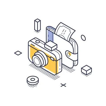 Camera And Wallet With Money Isometric Vector Illustration For Creative Bus.. Stock Illustration