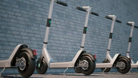 Camera animation along of modern Electric scooters parked in a row. Stock Footage 119633304
