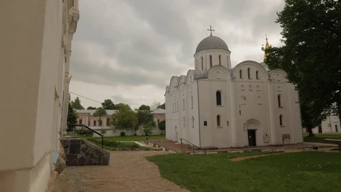 Camera Approaches to Boris and Gleb Cathedral White Walls Ancient Church Stock Footage 71633126