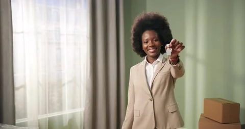 Camera approaching cheerful smiling beautiful young African American female real Video stock 148455732