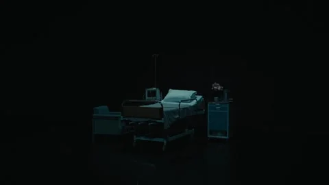 Camera approaching empty hospital bed in the dark. Stock Footage 261634861