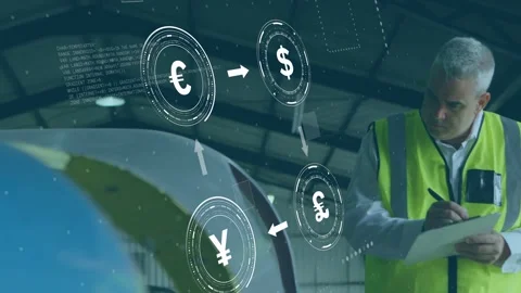 Camera AR overlay leading inspector inspecting nose noting aviation costs while Stock Footage 335317051
