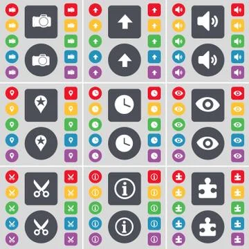 Camera, Arrow up, Sound, Checkpoint, Clock, Vision, Scissors, Information, Puzzl Illustrazione stock