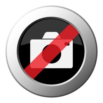 Camera - ban round metal button, white icon Stock Illustration