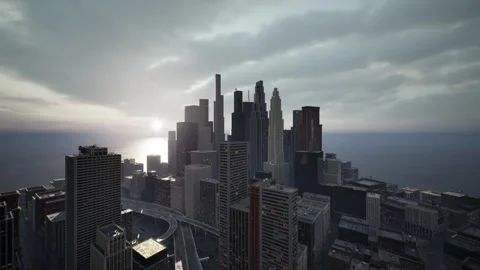 The camera begins shooting the high-rises against the ocean and smoothly Video stock 257338873