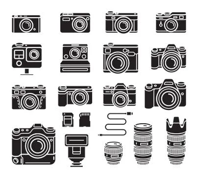Camera black icons set. Vector illustration. Ilustração Stock