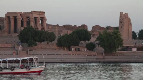 Camera boat view of Kom Ombo temple on the Nile, Egypt Stock Footage 35122618