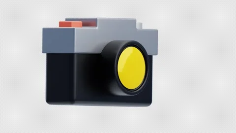 Camera with bright yellow lens front view 3d animation Stock Footage 321227681