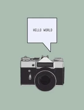 Camera with bubble text , sketch vector. Stock Illustration