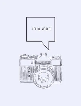 Camera with bubble text , sketch vector. Stock Illustration