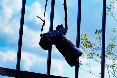 Camera, camera in the sky, camera on the fence Stock Photos