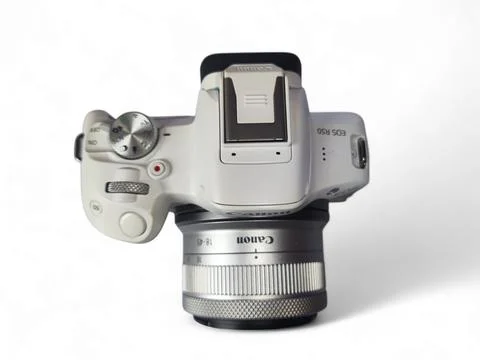 Camera Canon Eos R50 wit kit lens 18-45mm in white colour Stock Photos