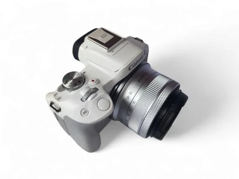 Camera Canon Eos R50 wit kit lens 18-45mm in white colour Stock Photos