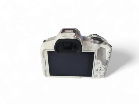 Camera Canon Eos R50 wit kit lens 18-45mm in white colour Stock Photos