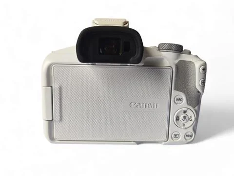 Camera Canon Eos R50 wit kit lens 18-45mm in white colour Stock Photos