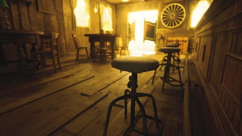 Camera captures downward angle of rustic stool amid soft background blur Stock Footage 339801610
