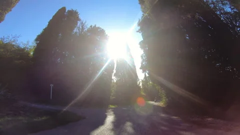 Camera car shot. Man riding red motorcycle in beautiful landscape in Tuscany Stock Footage 144480534