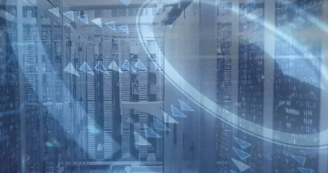 Camera centering server racks revealing globe entering right arrows appearing Stock Footage 321824799