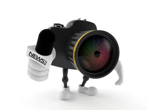 Camera character holding interview microphone Illustrazione stock