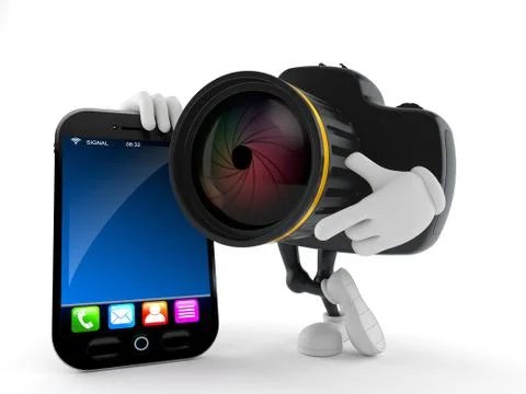 Camera character with smartphone Stock Illustration