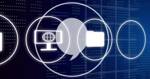 Camera, chat bubble, and computer icons image over digital data background Illustrazione stock