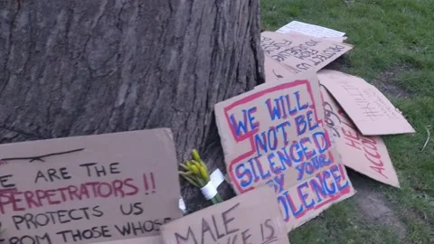 CAMERA CIRCLES AROUND TREE REVEALING PLACARDS AT SARAH EVERARD PROTEST Stock Footage 150383423