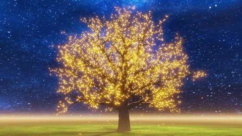 Camera circles a tree with yellow leaves in the starry night Stock Footage 249265716