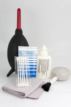 Camera cleaner set on white background Stock Photos