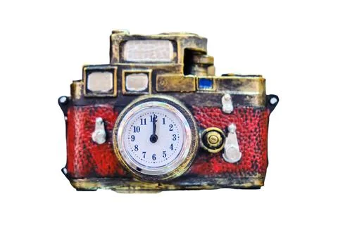 A camera with a clock instead of a lens is a concept of a time machine, isola Stock Photos