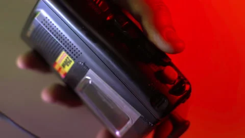 Camera close up  add tape cassette to soundabout close and click play Stock Footage 149684641