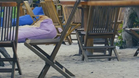 Camera close up footage of the tables in the beach cafe Stock Footage 98568071