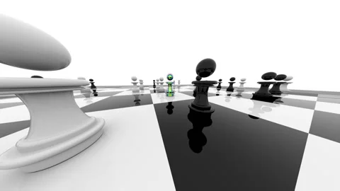 The camera closely observes the rotation of black and white abstract pawns on a Stock Footage 129416710