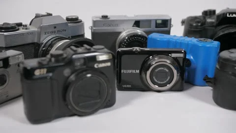 Camera collection on white background 4k Stock Footage 143128763